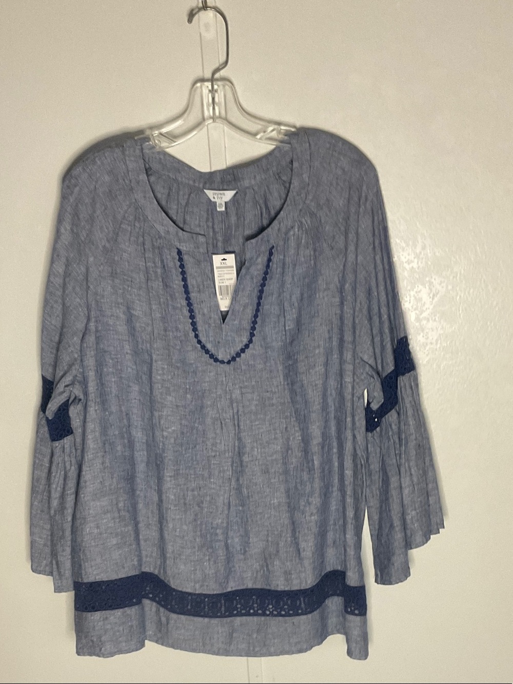 crown & ivy chambray blue embroidered boho blouse